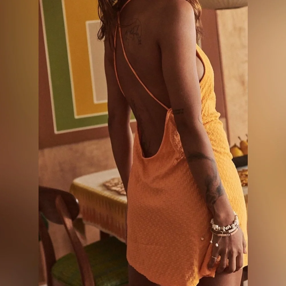 Free People BEACH Evelyn Halter Orange Square Textured
Open Back Dress XL Y2K 90 - Picture 1 of 16